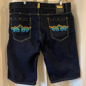 Crown Holder Shorts Men's 40 Blue Jean Denim Embroidered Hip Hop Y2K Baggy Skate